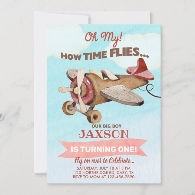 Airplane time flies boy 1st first birthday invite. inbjudningar (Framsida)