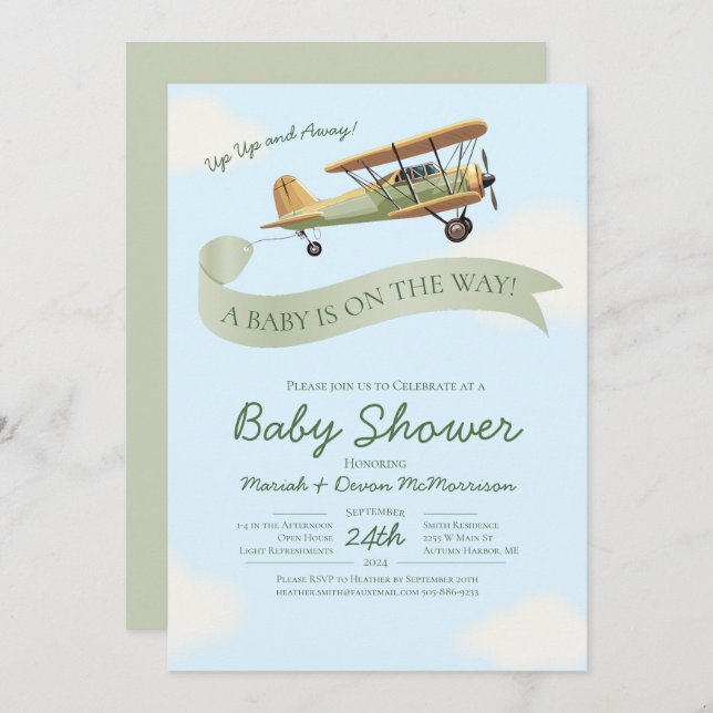 Airplane Vintage Baby Shower Invitation Inbjudningar (Fram/baksida)