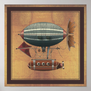 Airship Aleutian Steampunk som flyger Maskin Poster