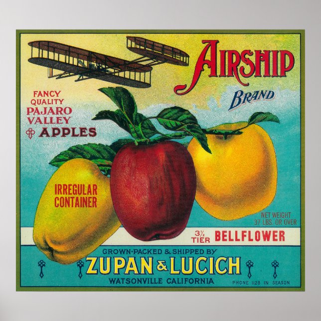 Airship Apple Låda LabelWatsonville, CA Poster (Framsidan)