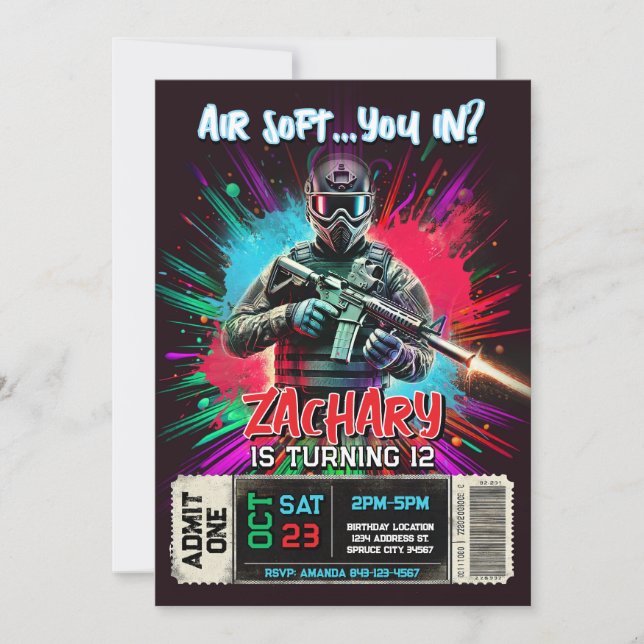 Airsoft Birthday Invitation | Action-Packed Invite Inbjudningar (Framsida)