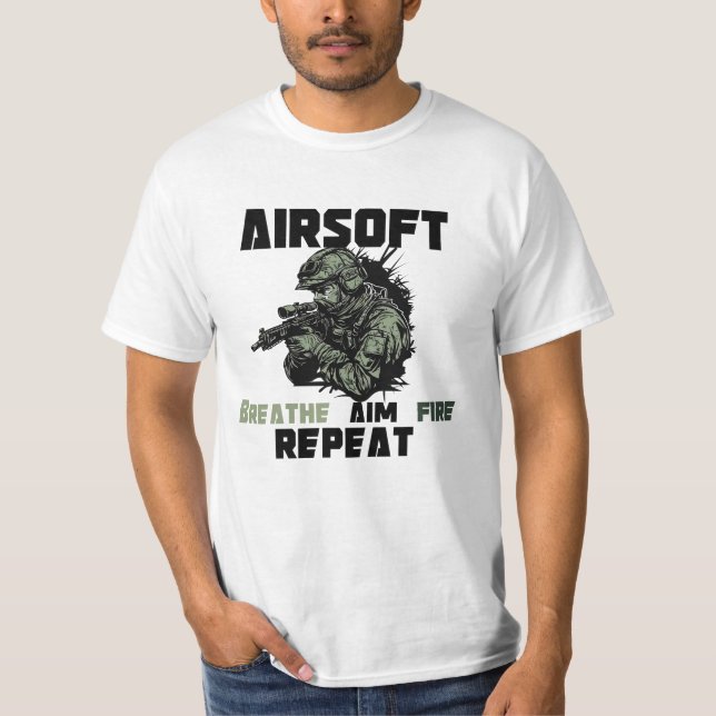 Airsoft, Breathe Aim Fire Repeat T Shirt (Framsida)