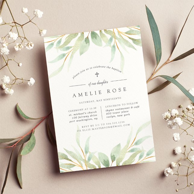 Airy Botanical Baptism eller Christening Investiga Inbjudningar (Skapare uppladdad)