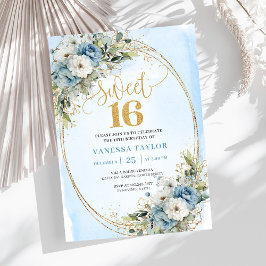 Airy Dusty Blue Floral Greenery Sweet 16th Invite Inbjudningar