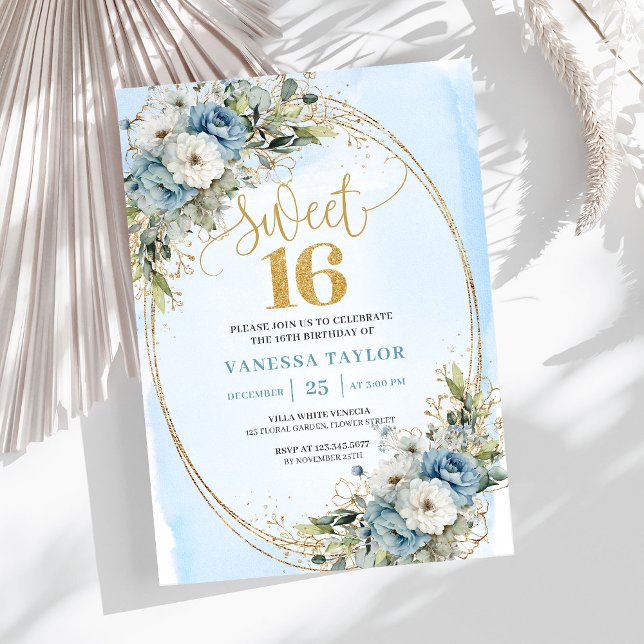 Airy Dusty Blue Floral Greenery Sweet 16th Invite Inbjudningar (Airy Dusty Blue Floral Greenery Sweet 16th Invite)