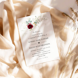 Airy Greenery Burgundy Blommigt Guld Bröllop Inbjudningar