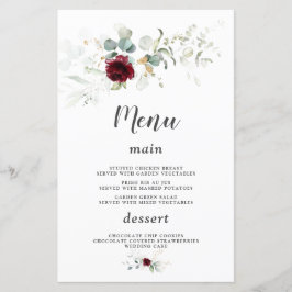 Airy Greenery Burgundy Blommigt Guld Bröllop Menu