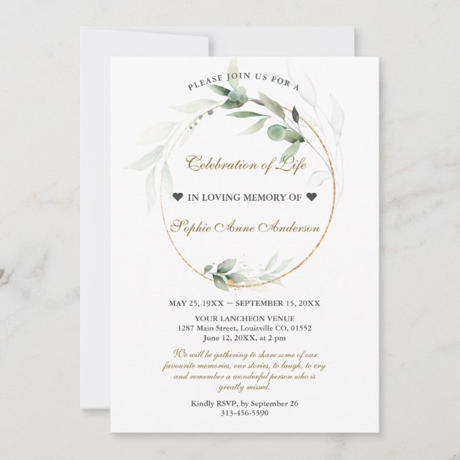 Airy Greenery Firande of Life Funeral Memorial Inbjudningar (Framsida)