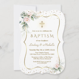 Airy Greenery Flowers Guld Kor Twillingar Baptism Inbjudningar