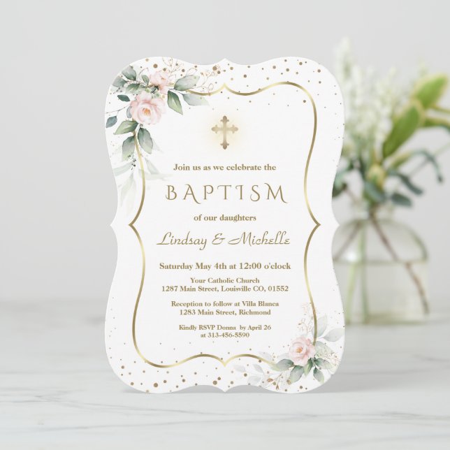 Airy Greenery Flowers Guld Kor Twillingar Baptism Inbjudningar (Stående Fram)
