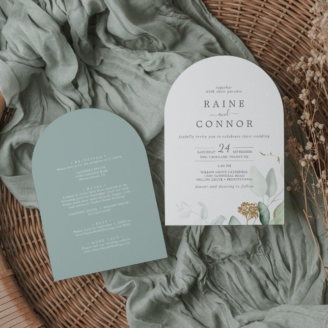 Airy Greenery Guld Löv allt i en Arch Bröllop Inbjudningar (Airy Greenery Gold Leaf All In One Arch Wedding Invitation)