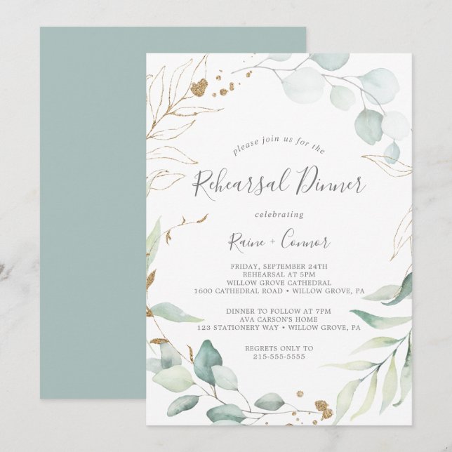 Airy Greenery & Guld Löv, andningsrehearsal Middag Inbjudningar (Fram/baksida)