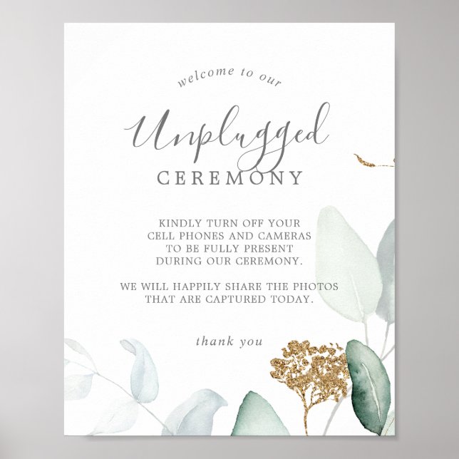 Airy Greenery & Guld Löv Opluggat Ceremony-tecken Poster (Framsidan)