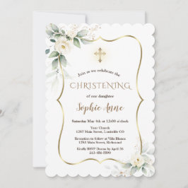 Airy Greenery Guld Ram White Blommigt Christening Inbjudningar