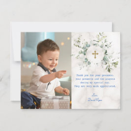 Airy Greenery Marble Photo Boy Guld Baptism Tack Kort