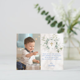 Airy Greenery Marble Photo Boy Guld Baptism Tack Kort