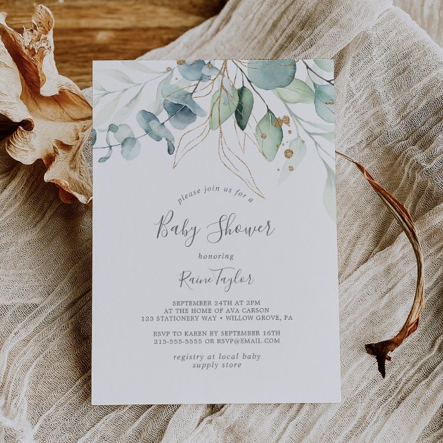 Airy Greenery och Guld Löv Baby Shower Inbjudningar (Skapare uppladdad)