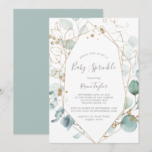Airy Greenery och Guld Löv Baby Sprinkle Inbjudningar (Fram/baksida)