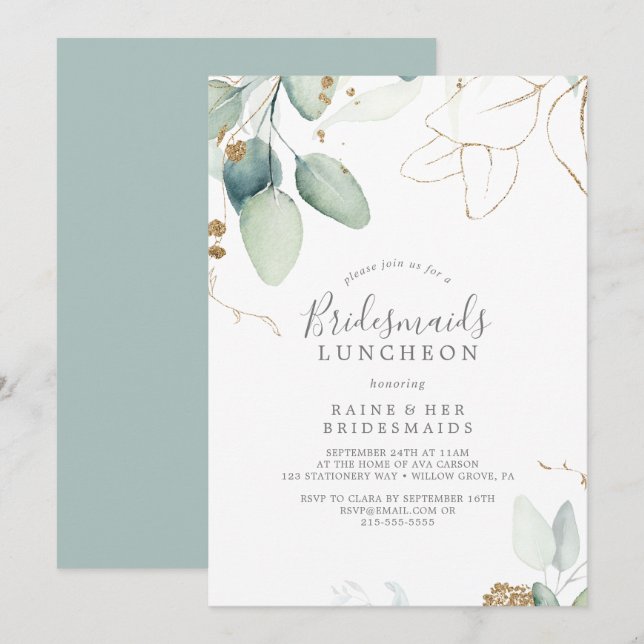 Airy Greenery och Guld Löv Bridesmaids Luncheon Inbjudningar (Fram/baksida)