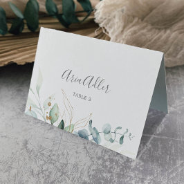 Airy Greenery och Guld Löv Bröllop Place Cards Bordsnummer