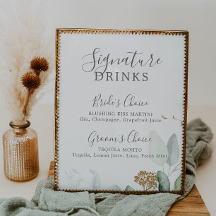 Airy Greenery och Guld Löv Namnteckning Drinks Sig Poster