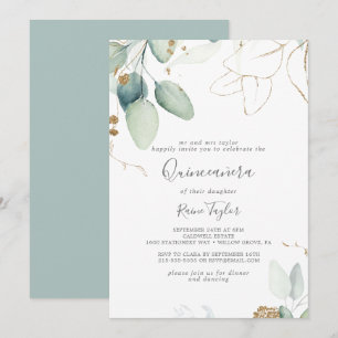 Airy Greenery och Guld Löv Quinceañera Inbjudningar