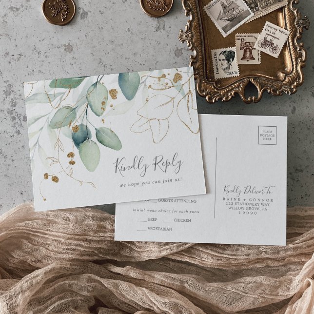 Airy Greenery och Guld Menu Choice OSA Postcard Inbjudan Vykort (Skapare uppladdad)