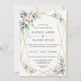 Airy Greenery Rosa Flowers Guld allt på ena Bröllo Inbjudningar