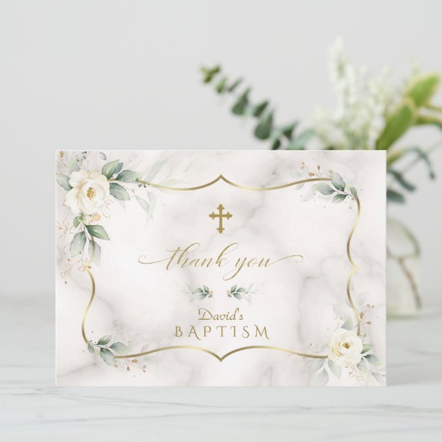 Airy Greenery White Blommigt Guld Marble Baptism Tack Kort (Stående Fram)