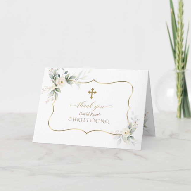 Airy Greenery White Flowers Photo Boy Christening Tack Kort (Framsida)