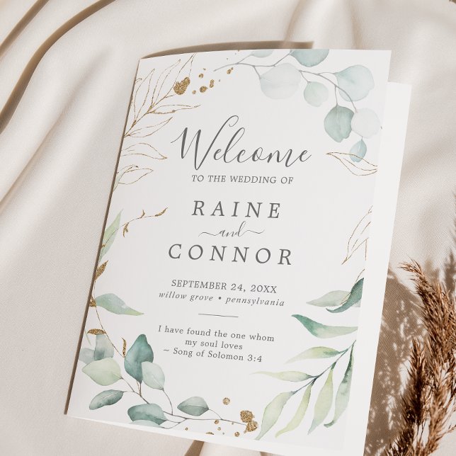 Airy Grey och Guld Löv i Bröllop Program (Skapare uppladdad)