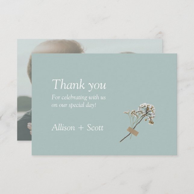 Airy Grönt Minimalist Photo Hand Press Blommigt Tack Kort (Fram/baksida)