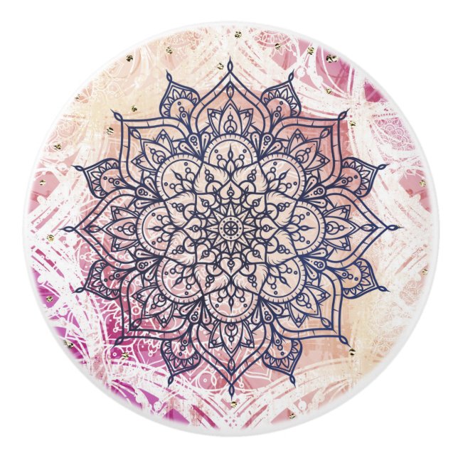 Airy Mandala Lycklig Rosa Lila Gult Blue & Guld Knopp (Framsidan)