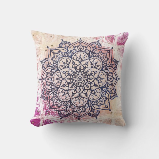 Airy Mandala Lycklig Rosa Lila Gult Blue & Guld Kudde (Framsida)