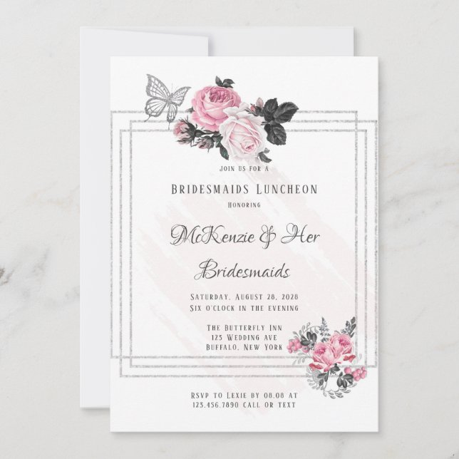 Airy Rosa Black Peony Silver Bridesmaids Luncheon Inbjudningar (Framsida)