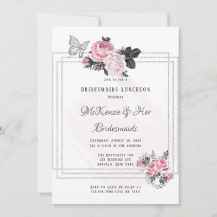 Airy Rosa Black Peony Silver Bridesmaids Luncheon Inbjudningar