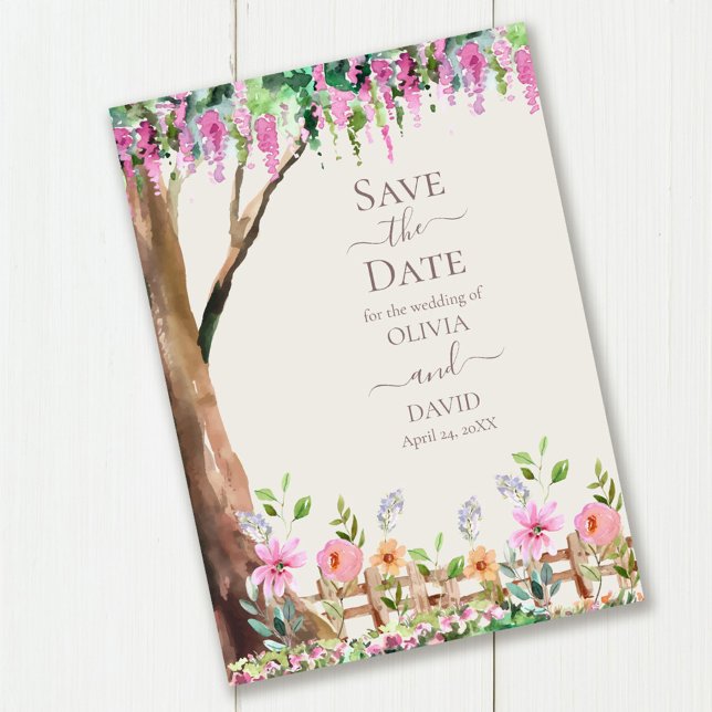 Akacia på ett vildblommefält Spara datum-kort Inbjudningar (Acacia on a Wildflower Field Save the Date Card on wooden table.)