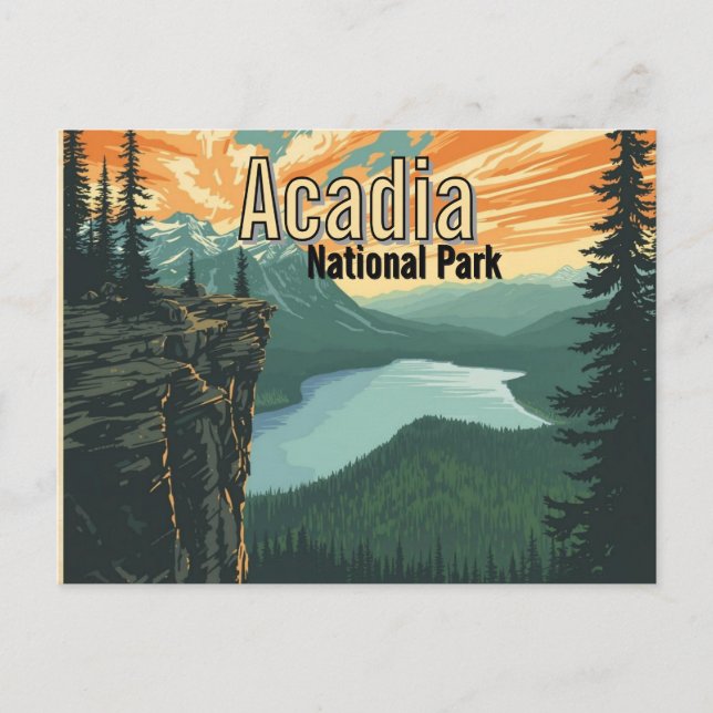 Akadia Nationalpark Illustration Retro Vykort (Framsida)