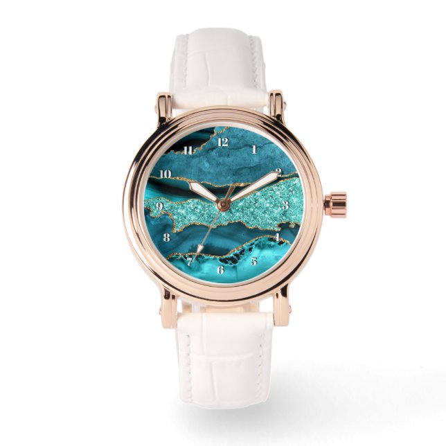 Akate Turkos Blå Guld Glitter Marmor Aqua Turkos Armbandsur (Framsida)