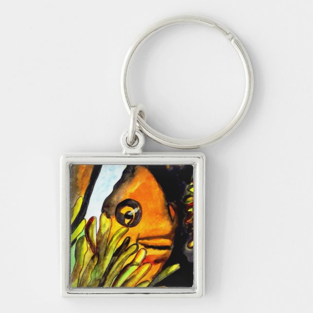 Akater clownfisk akvarell original konst målning fyrkantig silverfärgad nyckelring (Framsidan)