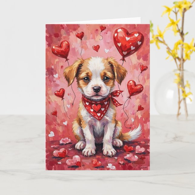 Akbash Valentinesdag Hund Sitter med Hjärtan Röda Kort (Gul blomma)