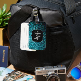 Akblå glänsande falskt glitter gnistrar Monogram Bagagebricka