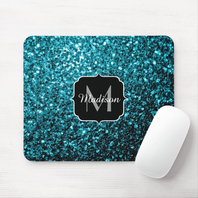 Akblå glänsande falskt glitter gnistrar Monogram Musmatta (Med mus)