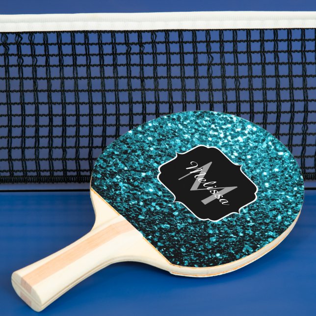 Akblå glänsande falskt glitter gnistrar Monogram Pingisracket (Insitu)