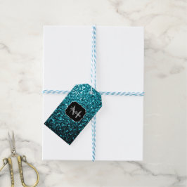 Akblå glänsande falskt glitter gnistrar Monogram Presentetikett