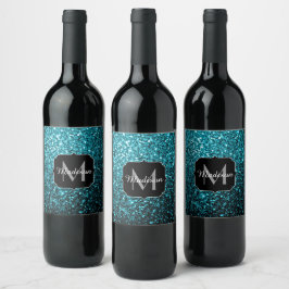 Akblå glänsande falskt glitter gnistrar Monogram Vinflaska Etikett