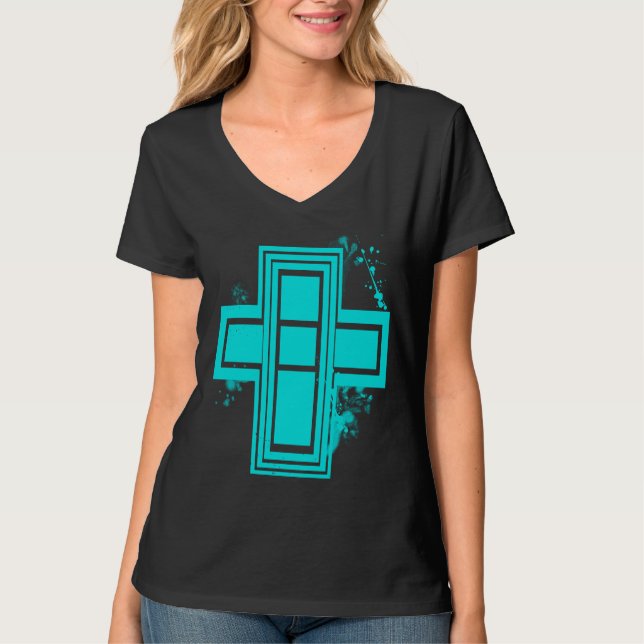 Akblå Grunge Graffiti Kors T-shirt (Framsida)