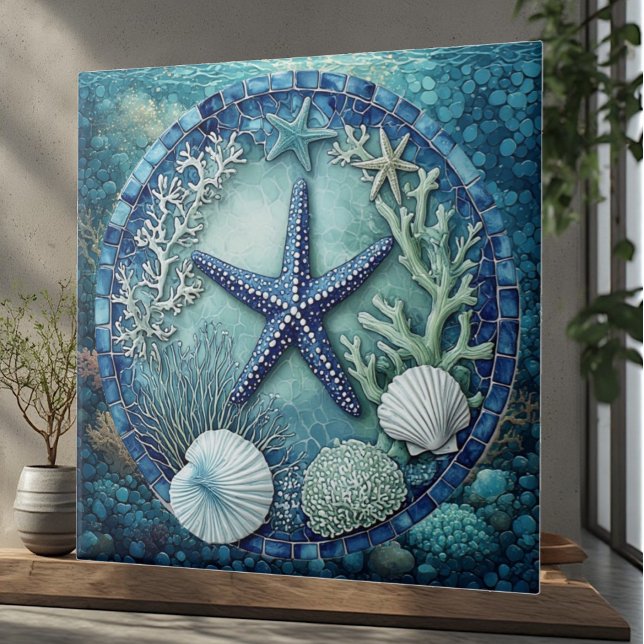 Akblå Marin Liv Sjöstjärna Korallrev Snigelskal Kakelplatta (Aqua blue Marine Life Starfish Coral Reef Seashell Ceramic Tile)