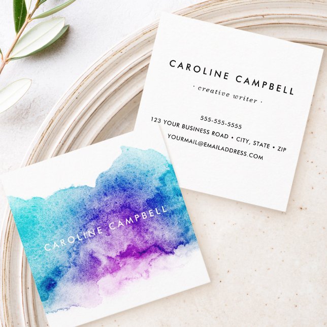 Akblå och lila akvarell fyrkantigt visitkort (Aqua blue and purple watercolor square business card)