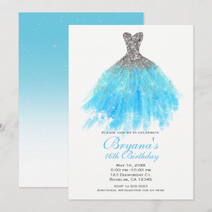 Akblå Silver Glitter Glam Klänning Söt 16 Födelsed Inbjudningar